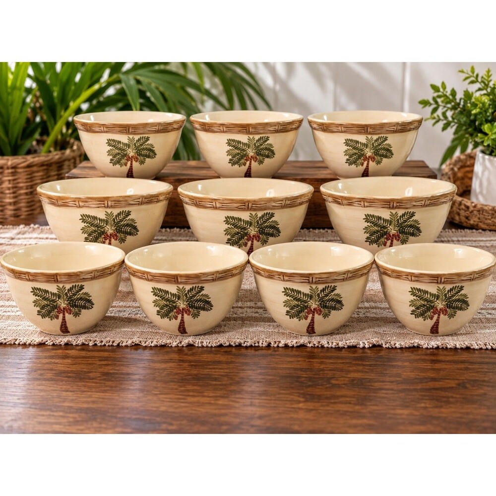 Home Trends Palm Tree Ceramic Bowls Set of 10 Tropical Bamboo Rim Cereal Soup...
